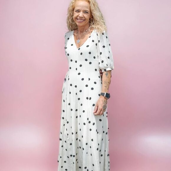 Creamy Black Polka Dot Long Dress, Size S, 2 pc w/ slip, Zip Back, Slimming!!! - Picture 10 of 10